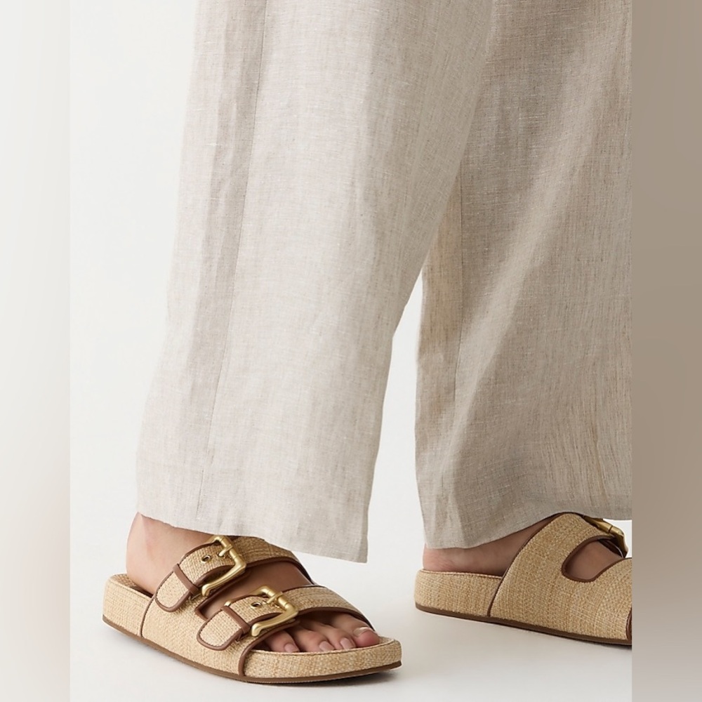 J. Crew Natural Raffia Double-Buckle Slide Sandals with Gold Buckles